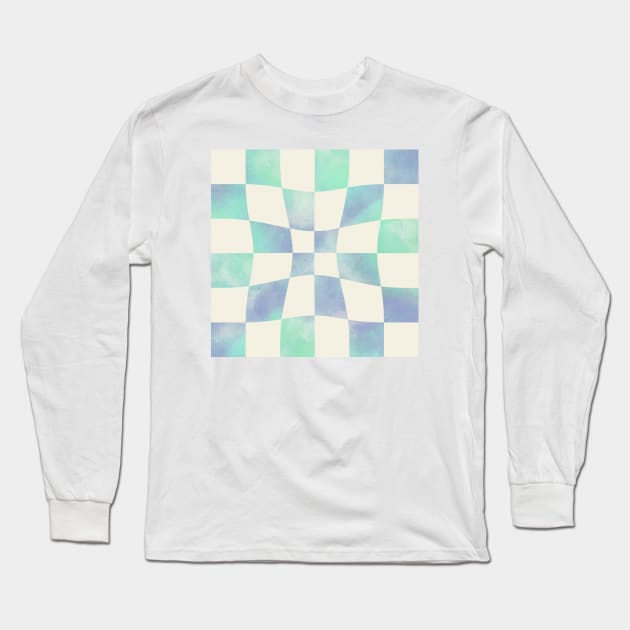 Psychedelic Watercolor Check Aqua Long Sleeve T-Shirt by Rebelform